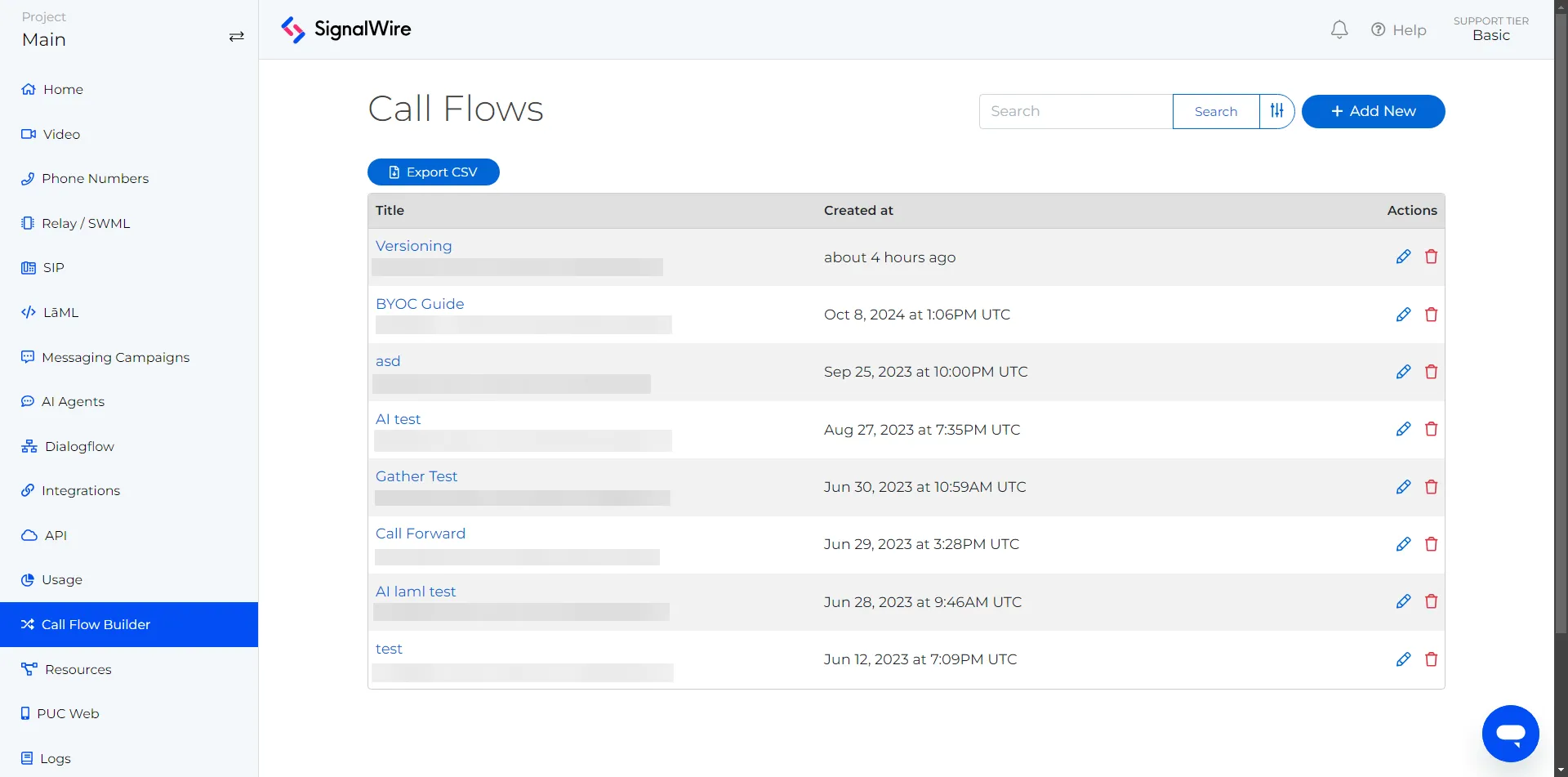The Call Flow Builder page. The page shows a list of call flows in table format. There is two blue buttons labeled 'Add New' and Export CSV.