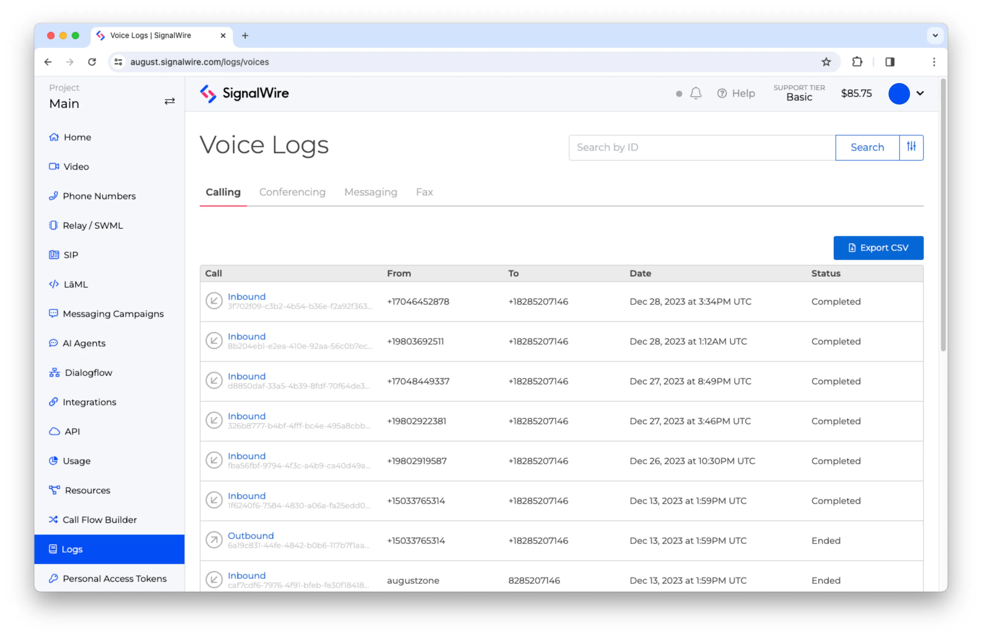 A screen recording of the Logging pane of a SignalWire Space. The Voice, Video, Message, and Fax tabs are shown, each with detailed records.