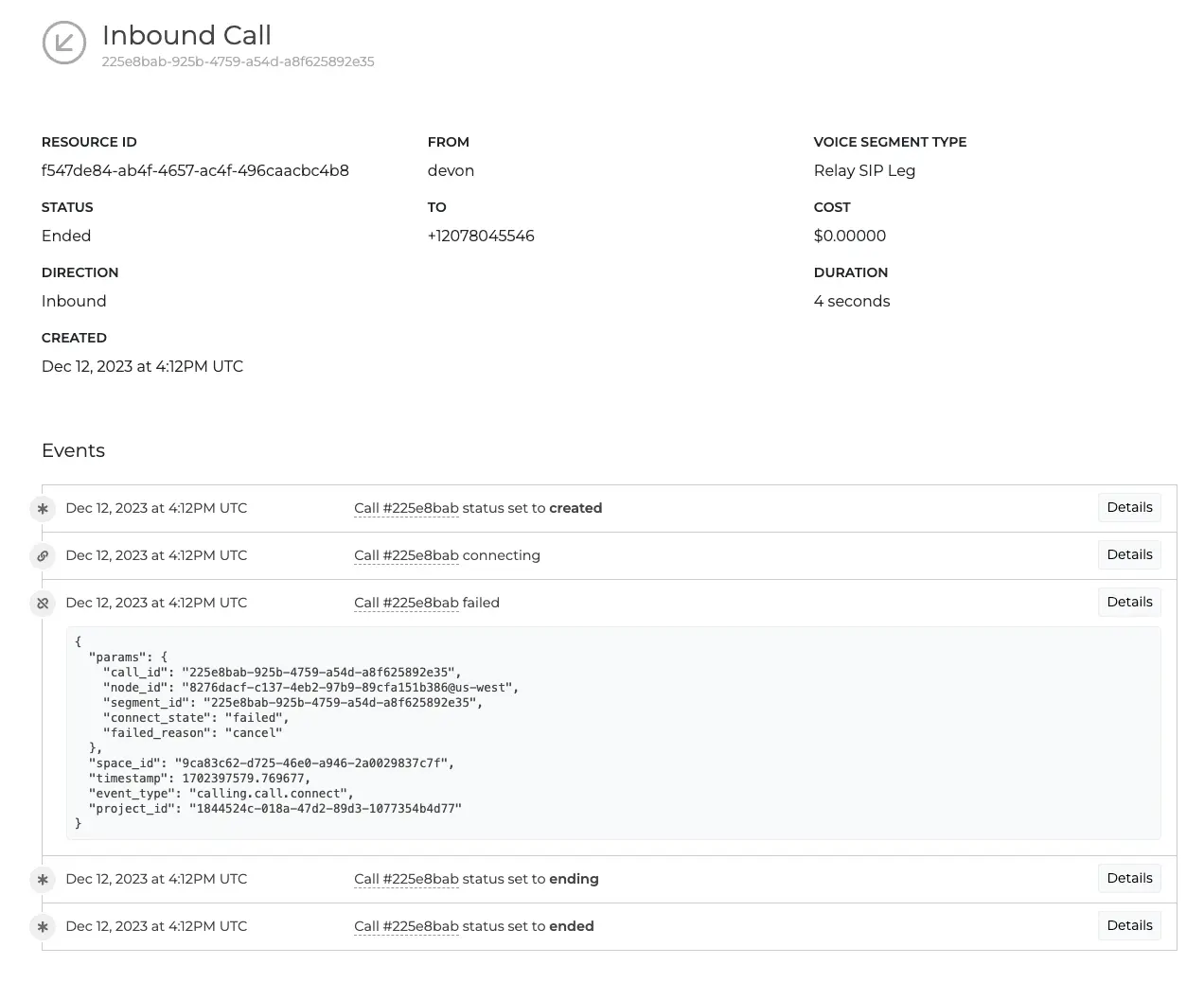 A screenshot of an individual log item, with the Details pane of an event expanded.