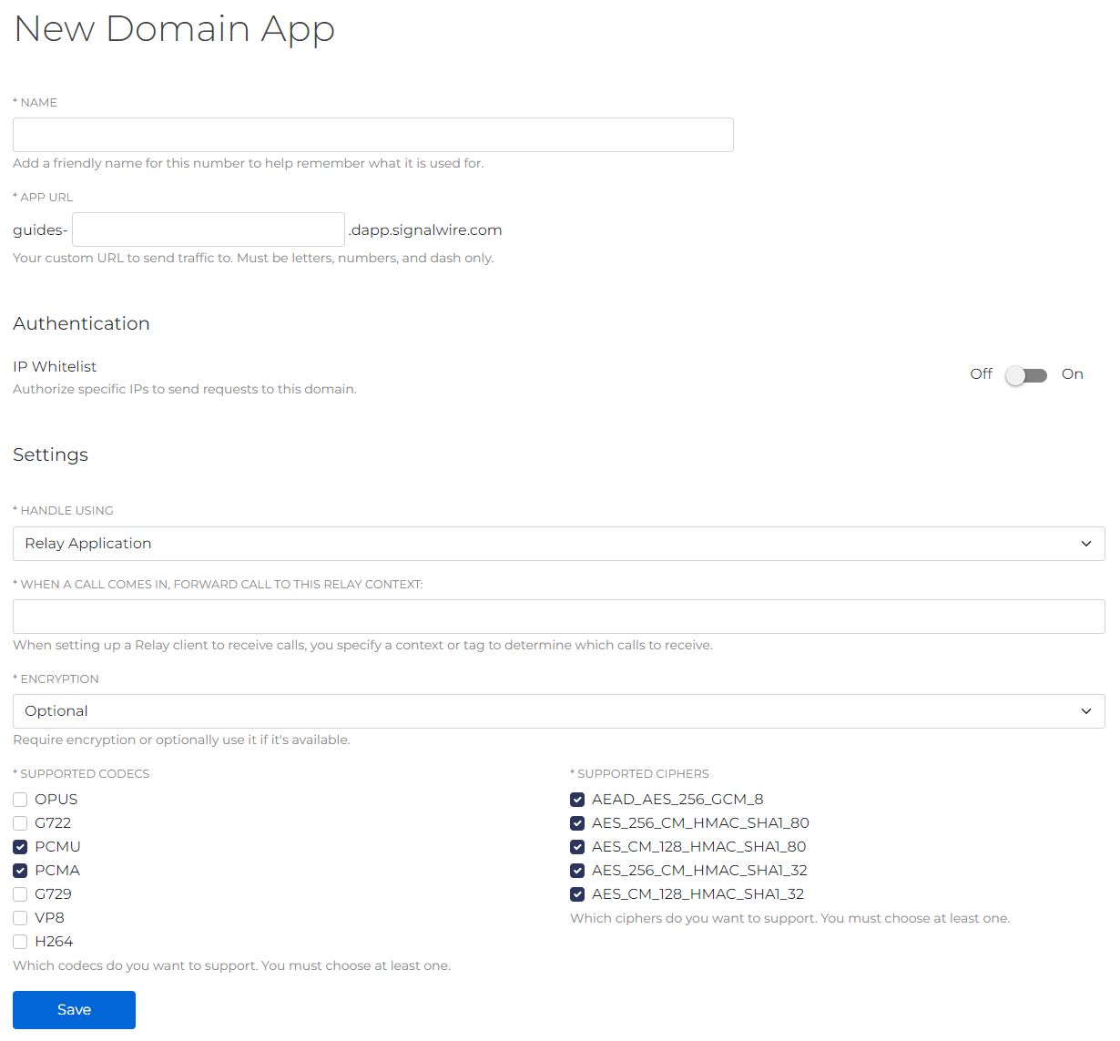New Domain Application form.