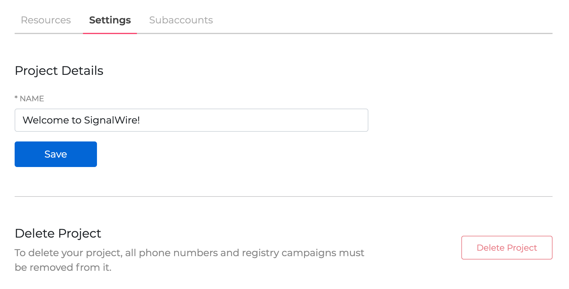 Configuration tab, with project details and options to change the name of the project, and delete the project.